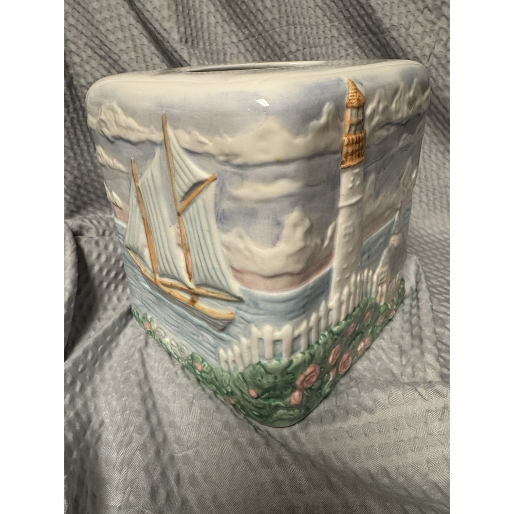 Vintage 1980s Handpainted Ceramic Tissue Box Cover Lighthouse Nautical - Picture 4 of 10